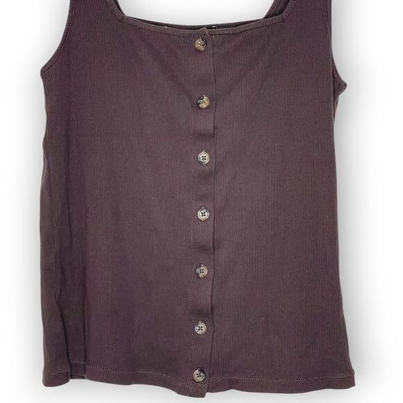 Sanctuary Brown Ribbed Button Up Square Neck Stretchy Tank Top Women’s Medium - Picture 5 of 10